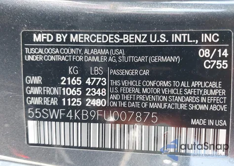 2015 Mercedes-Benz C 300 4Matic from USA, damaged, VIN 55SWF4KB9FU007875
